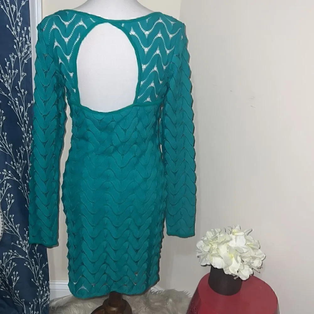 Free People Wild Thing Mini Dress Long Sleeves Cut-Out Emerald Green sz